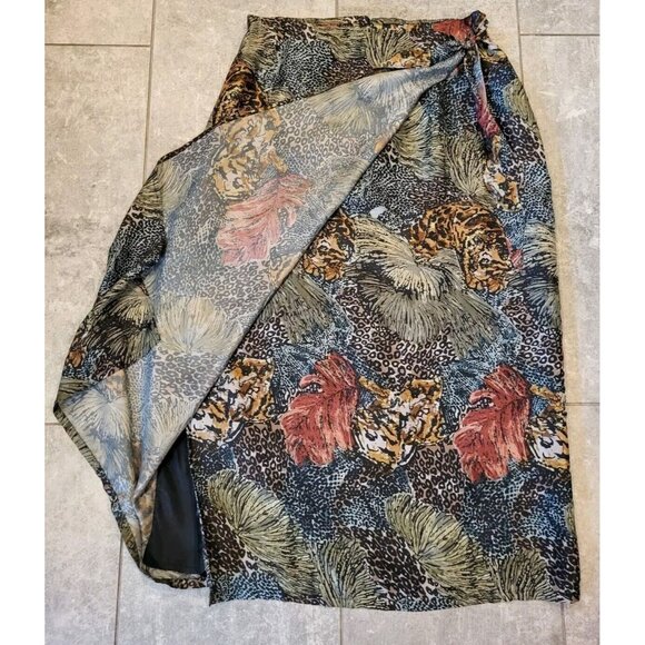 Vtg 100% Silk Dark Jungle Cheetah Faux Wrap Maxi Skirt The Avenue Sz 14 - Picture 3 of 8